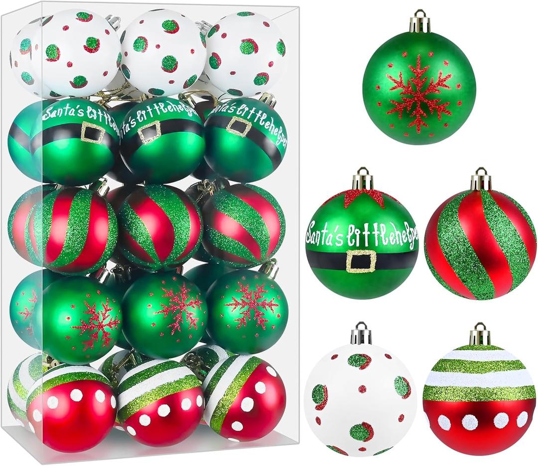 Christmas Ornaments Balls - 30 Pcs 2.4 Inch Shatterproof Plastic Christmas Balls Sets, Red Green & White Small Christmas Tree Ball Hanging Ornaments for Holiday Wreath Party Christmas Tree Decor (D)