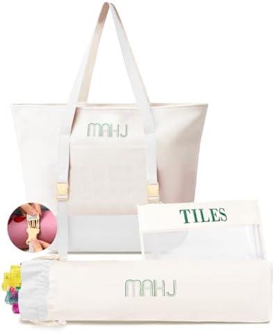 Mykng Nzw Empty Mahjong Tile Bags Set for American Tiles and Racks,Canvas Tote Bag with Mat Holder Accessories Organizer,Portable Mahjong Case Drawstring Protective Sleeve for Rack Pushers,Beige