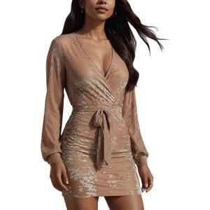 YMDUCH Women Sexy V Neck Long Sleeve Velvet Floral Bodycon Ruched Mini Cocktial Party Dress (Brown)
