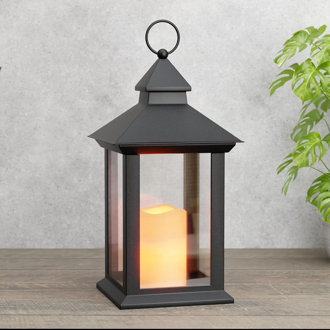14" Lanterns Decorative Indoor, Black Lantern Decor with Timer Flameless Candle, Vintage Farmhouse Outdoor Lanterns, Waterproof Hanging Lantern for Patio, Porch, Entryway, Centerpieces, Transparent 1 Pack