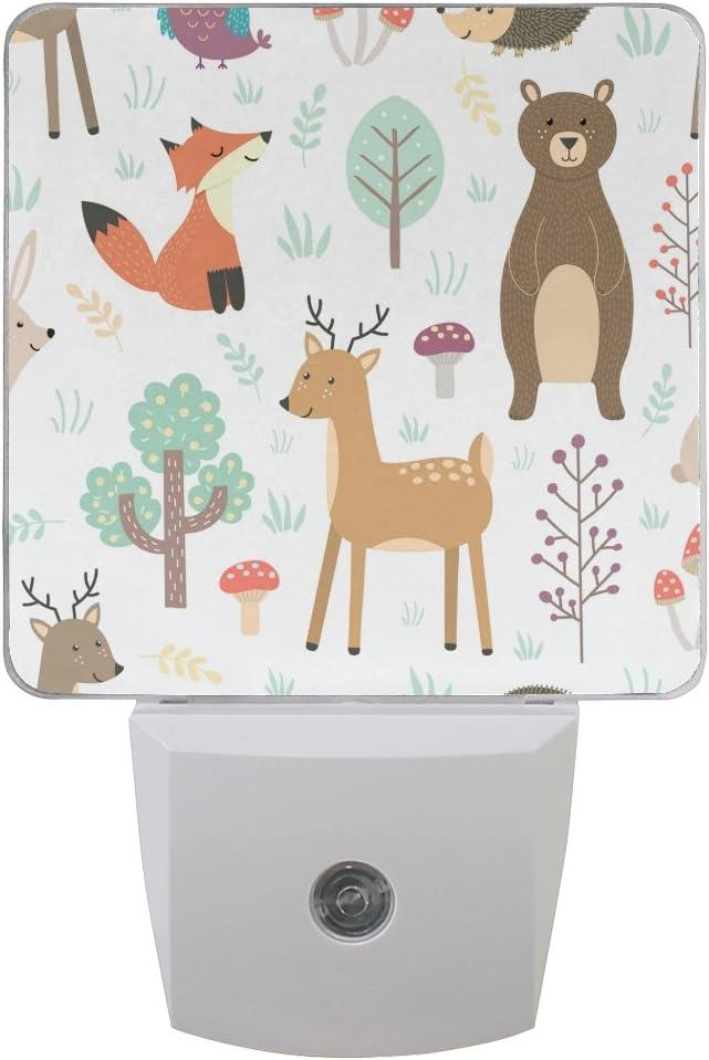 Plug-In Night Light Forest Cute Animals Printed LED Nightlight, Dusk-To-Dawn Sensor, Bedroom, Bathroom, Kitchen, Hallway, Stairs, Energy Efficient, 2-pack, 0.5W