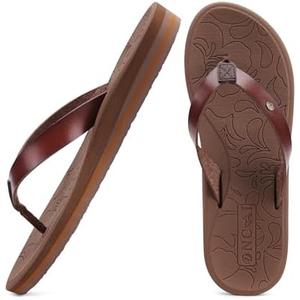 ONCAI Womens Flip Flops Arch Support Yoga Mat Summer Beach Leather Athletic Woman Thong Sandals with Orthotic Plantar Fasciitis Rubber Soles Brown, Size: 7