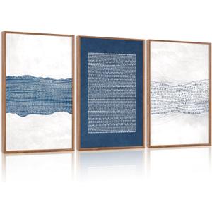 Aryroi Large Framed Abstract Canvas Wall Art 16x24 Inch Navy Blue Neutral Textured Wall Decor Mid Century Modern Minimalist Art Prints for Living Room Bedroom Office Set of 3 (16*24 Inch, navy blue dot)