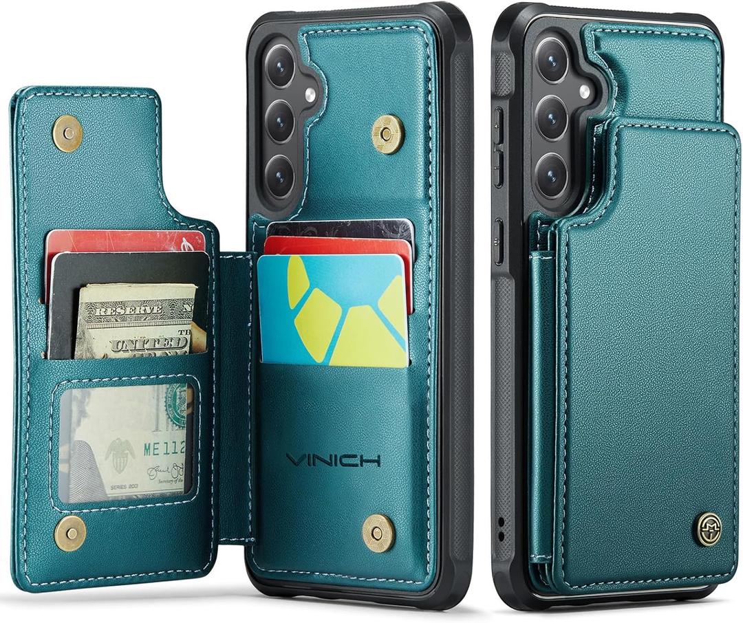 Vinich for Samsung Galaxy S25 FE Wallet Case with Card Holder, RFID Blocking Credit Slots Kickstand Shockproof Phone Cover Fit for Galaxy S25 FE 6.7" Bluish Green