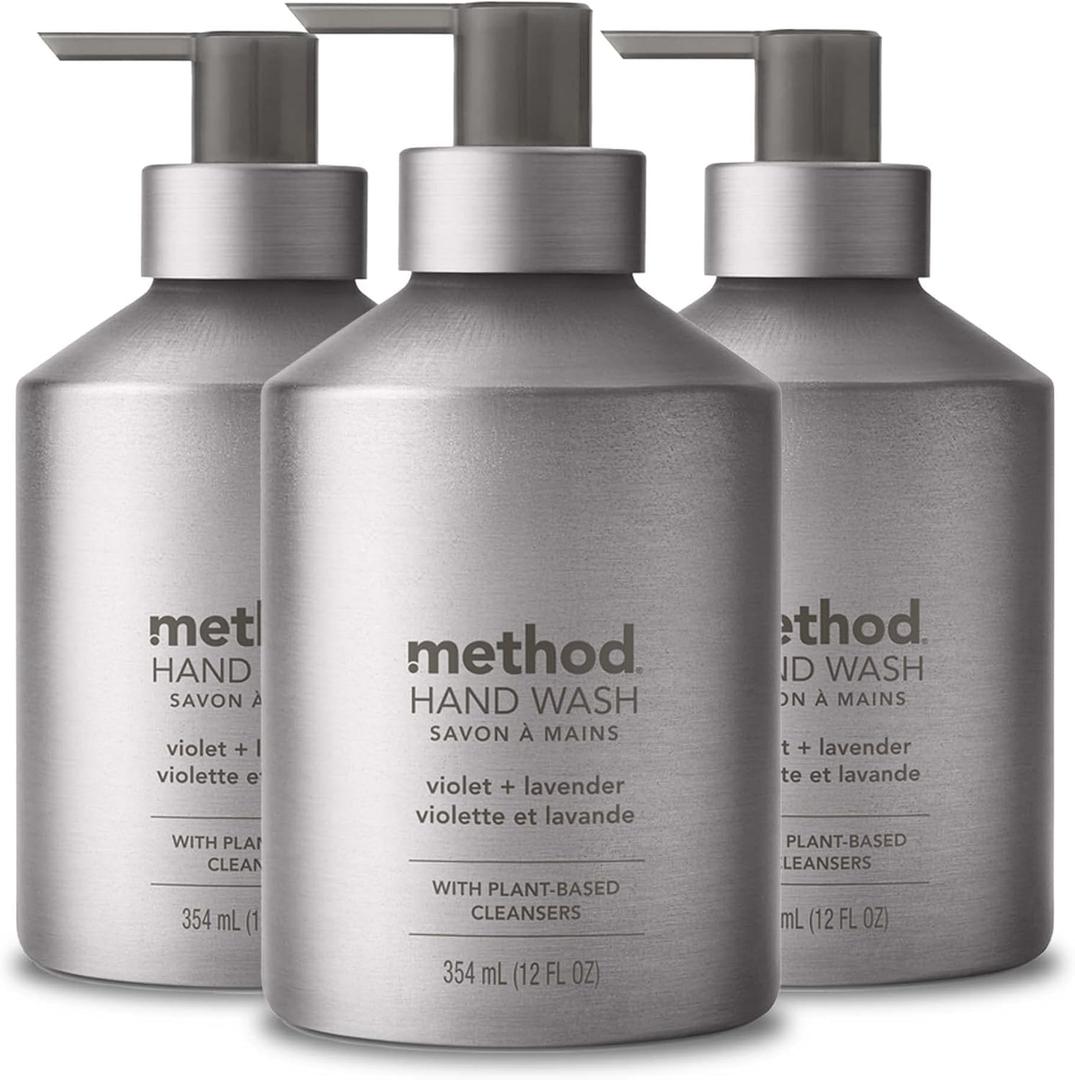 Method Gel Hand Soap, Violet + Lavender, Reusable Silver Aluminum Bottle, Biodegradable Formula, 12 oz (Pack of 3)