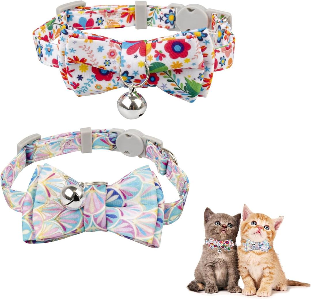 2 Pack Breakaway Cat Collar with Bow Tie and Bell for Kitten Adjustable Safety Collars with Removable Bowtie Flowers