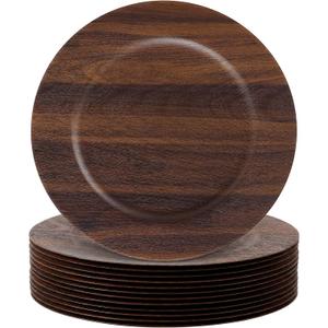 Mifoci 12 Pcs Faux Wooden Charger Plates 13 Inch Round Rustic Plastic Plates Antique Design Bulk Decorative Chargers for Dinner Tray for Wedding Dinner Table Farmhouse Party Event (Dark Brown)