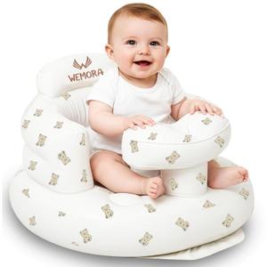 Inflatable Baby Seat for Babies 3-36 Months Blow Up Chair for Babies Infants Toddler Floor Sitting Up with Built-in Air Pump (White, Bear)