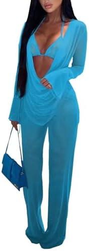 EDITCOZY Women Mesh Sheer 3pcs Outfits Long Sleeve Top Long Pant Bikini Cover Up XL