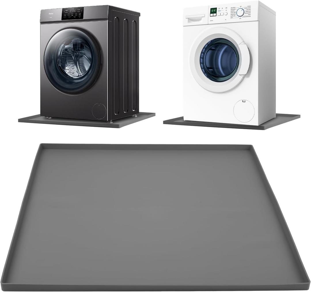 Washing Machine Drain Pan Silicone mat27 x 27 InchNon-Slip Waterproof Washer Drip TrayWith Raised Edge Washing Machine Silicone Mat, Floor Leak Protector for Laundry Room (Gray)