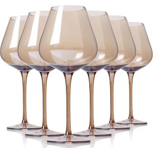 Physkoa Mocha Mousse Color Wine Glasses Set 6-18oz Long Stem Smokey Gray Wine Glasses-Hand Blown Mocha Stemware for Valentine's Day