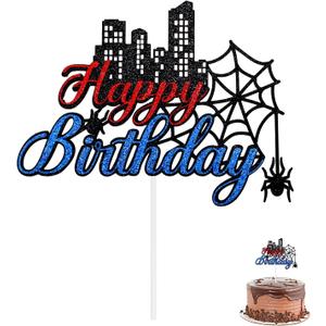 Cartoon Spider Birthday Cake Topper, Glitter Paper Cartoon Themed Happy Birthday Cupcake Topper Supplies Double-Sided Party Decoration for Boy & Girl