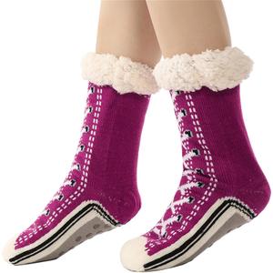 Thick Fleece Lined Slipper Socks with Funny Sneaker Pattern for Women Nonslip Grippers Thermal Warm Winter Home (Purple)
