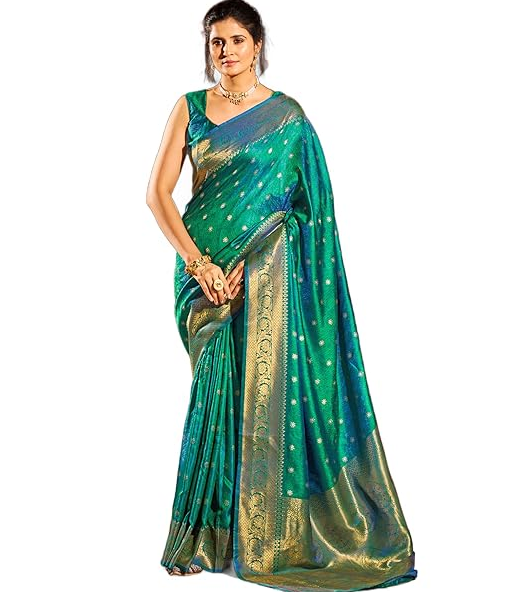 Chandrakala Banarasi Saree for Women with Unstitched Blouse Piece Indian Wear,  Green