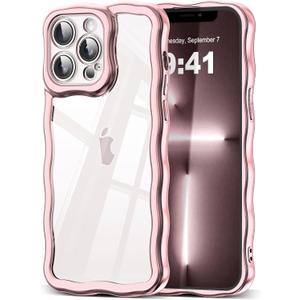 SKYLMW Compatible with iPhone 13 Pro Max Case, Kawaii Cute Curly Wave Frame Luxury Plating Edge, Stylish Glossy Clear Back, Soft TPU Shockproof Protective Cases for iPhone 13 Pro Max, Rose Gold
