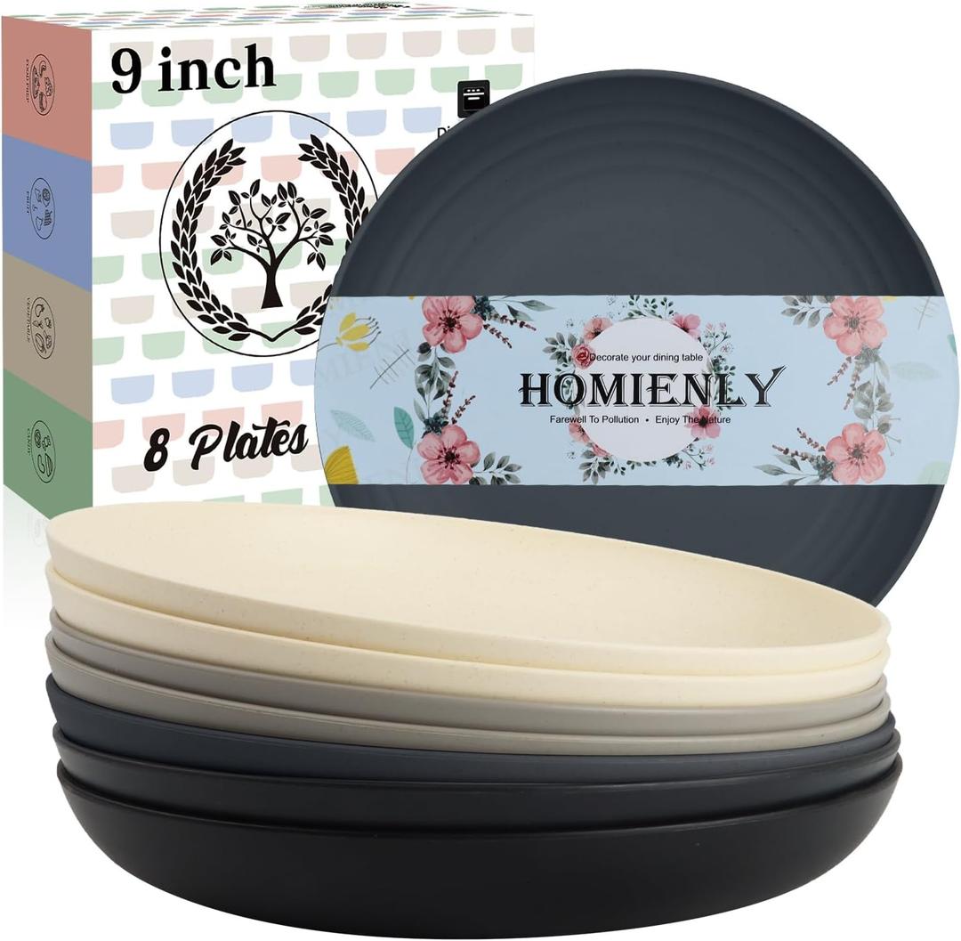 Homienly Wheat Straw Plates Set of 8, Reusable Lightweight and Unbreakable 9 inch Plates, Premium Microwave and Dishwasher Safe Plates for Kitchen, Camping, Picnic, Party - GreyStone