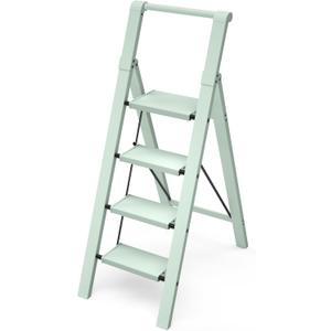 Taranta 4 Step Ladder, Lightweight Aluminum Step Stool with Convenient Handgrip, Folding Ladder with Anti-Slip Pedals, 330lbs Capacity Stepladder for Home, Office, Kitchen - Fairyland Green