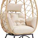 Outdoor Wicker Egg Chair with Cushion, Patio Lounge Chair, Beige, 35"