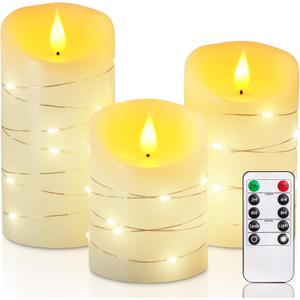 Homemory Flameless Candles with String Lights, 3 Pack Embedded Fairy String Lights LED Candles, Electric Flickering Candles with Remote Control and Timer, Real Wax, Ivory White