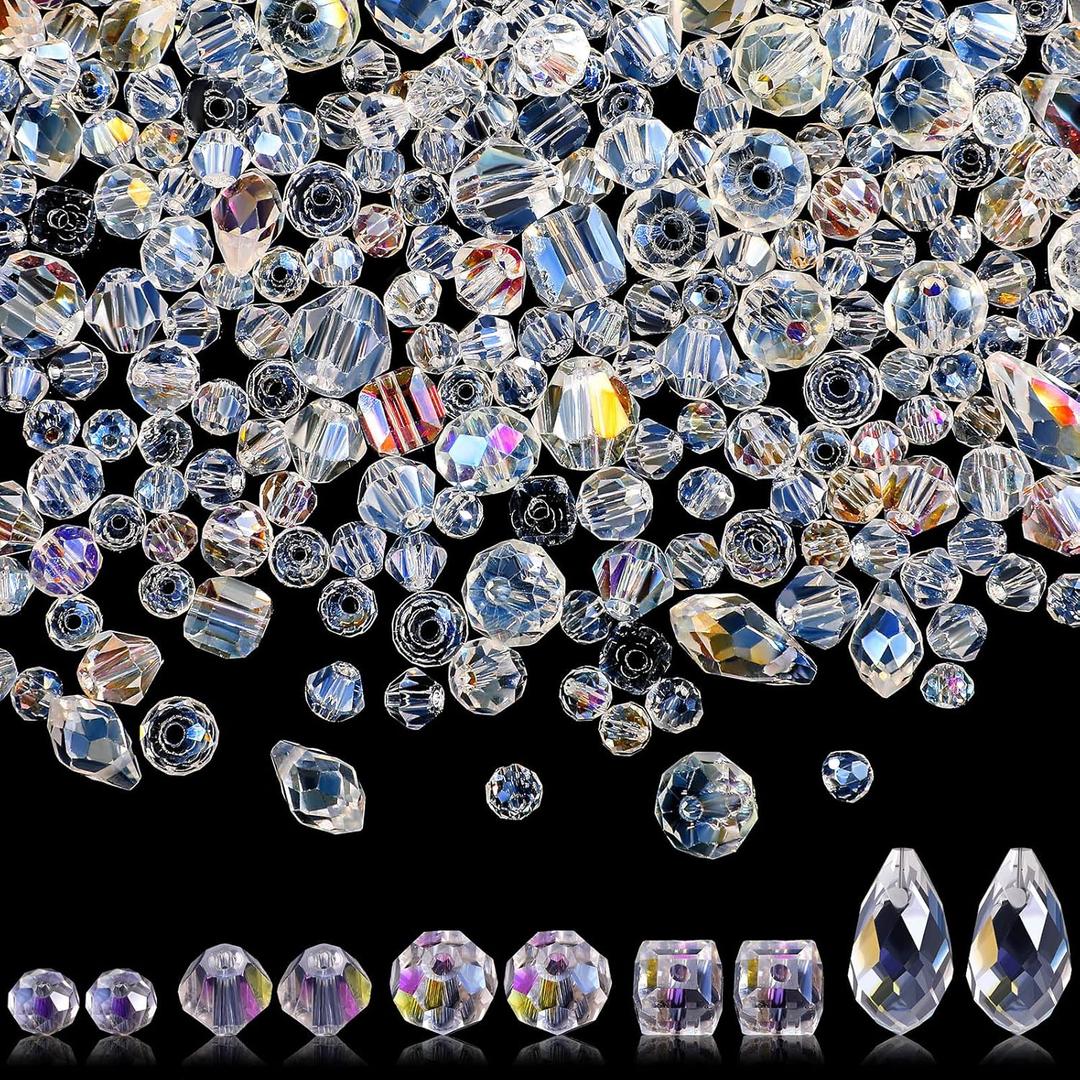 Kigeli 1280 Pcs Glass Beads Bulk Assorted Crystal Beads for Jewelry Making Faceted Teardrop Rondelle Briolette for DIY Crafts Necklace Wristband Earring Kit (AB Color)