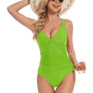 Women's One Piece Swimsuit Tummy Control V Neck Bathing Suits Ruched Swimwear (XX-Large)