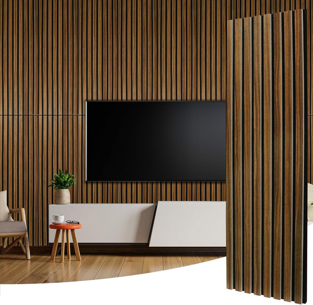 SK Studio 2 Pack Acoustic Panels, 47.2 x 12.6 Inch Self Adhesive Acoustical Wood Print Wall Panels, Large Soundproof Panels for Home Studio Office Decor, Walnut Wood Grain
