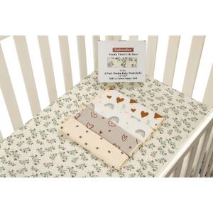 Fadacudan Muslin Fitted Crib Sheet with 4 Pack Muslin Baby Washcloths 12"x 12" Love Rainbow Stras,Cotton Stylish Boho Super Soft for Baby Botanical Leaf