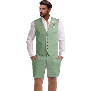 Mens Linen Suit 2 Piece Short Suits for Men Casual Summer Beach Wedding Suit Linen Vest Shorts Set (Green, L)
