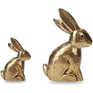 DN DECONATION Golden Bunny Figurines, Wooden Bunny Decor, Small Easter Rabbit Statue Set of 2, Vintage Easter Decorations, Bunny Decorations for Home, Spring Decor, Gift