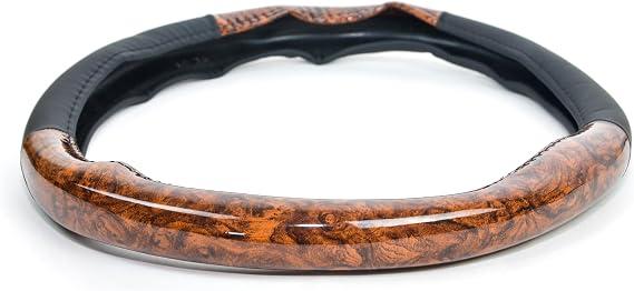 Generic Car Steering Wheel Cover, Wood Grain and Leather,Non-Slip & Breathable Universal Fit for Most Cars, Comfort Grip Cover - Black * Brown