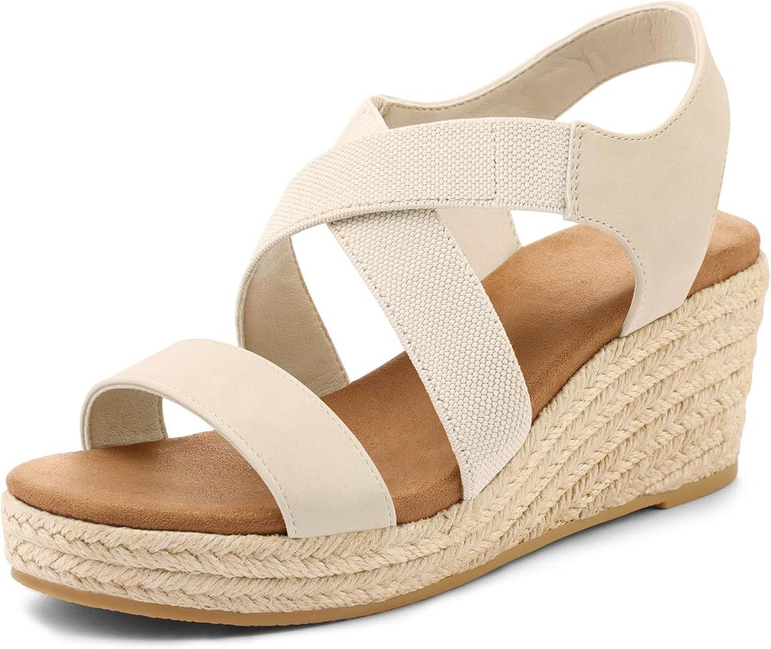 mysoft Women's Platform Espadrille Wedge Sandals Open Toe Elastic Ankle Strap Crisscross Slip on Summer Shoes (6, Beige Pu)