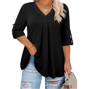 Plus Size Tops for Women V Neck Blouse Pleated Front Loose Fitting Tunic Top Dressy Casual Fall Clothes 2025 (5X-Large, Black)