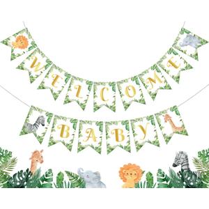 Spakon Pre Strung Safari Welcome Baby Banner Wild One Birthday Party Decorations Jungle Animals Baby Shower Decorations 9.8 ft Neutral Forest Animals Welcome Banner for Gender Reveal Party Decor