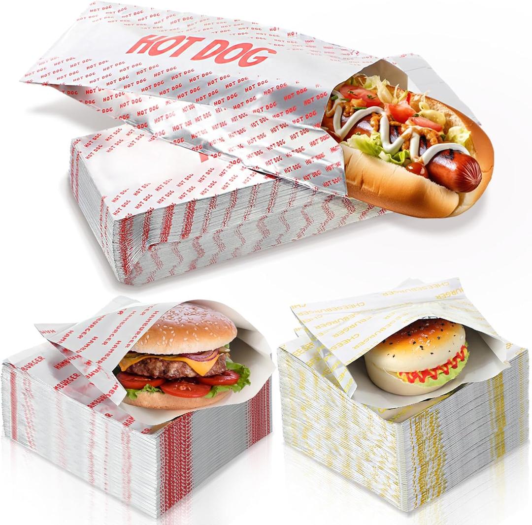 Honoson 300 Pcs Proof Food Wrappers Hamburger, Cheeseburger and Hot Dog Bags Disposable Foil Paper Hot Dog Sleeves for Fast Food and Truck BBQ Foil Paper Supply for Themed Party Event