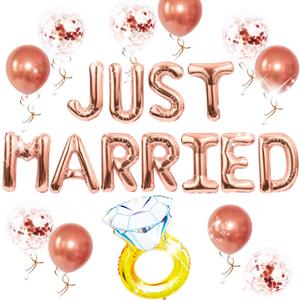Rose Gold Just Married Balloons Banner Bridal Shower Decorations Diamond Ring Balloon for Women Married Car Bachelorette Wedding Party Decorations Photo Props