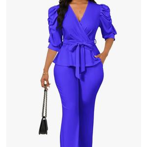 Ekaliy Dressy 2 Piece Pant Sets for Women Fall Outfits Ruffle Top Wide Leg Business Pantsuits S