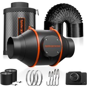 Spider Farmer Air Filtration Kit 4 Inch, Inline Duct Fan with RJ12 Speed Humidity Controller, Carbon Filter Combo, 13 Ft Ducting, Ventilation System Kit for Grow Tents, Hydroponics, Indoor Gardening