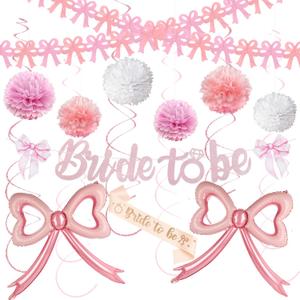 2 x Pink Bow Bachelorette Party Decorations - Bride-to-be Decorations with Bride-to-be Sign Banner, Bride Sash, Bow Balloons for Pink Tying the Knot Bridal Shower Bachelorette Decor