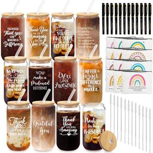 12 Set Employee Appreciation Gifts Thank You Gifts Bulk for Coworker Staff Teacher Nurses, Thank You Glass Cups 16 oz Can Shaped Beer Glass Makeup Bag Ballpoint Pen for Women Men (Motivation Mix)