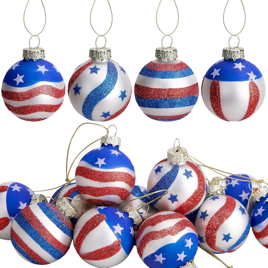 12pcs Memorial Day Ball Glass Ornaments, 1.57 Inch Independence Day Hanging Glass Balls July 4th American Flag Ball Tree Decorations (Americana Balls 12Pcs)