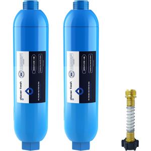 GLACIER FRESH RV/Marine Water Filter with 1 Flexible Hose Protector, Greatly Reduces Bad Taste, Odors, Chlorine and Sediment in Drinking Water, 2 Pack (Blue)