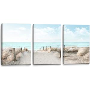 3 Piece Large Canvas Bedroom Wall Art Beach Blue Sea Blue Sky Print Picture Framed Wall Decor for Living Room Bathroom Modern Home Decor Artwork Ready to Hang Coastal Wall Decorations Size 16x24x3
