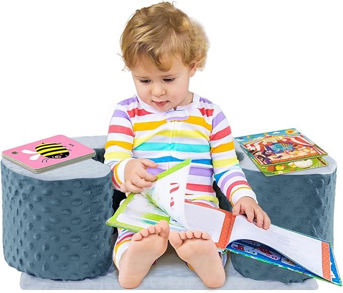 Baby Sit Up Pillow, Foam Floor Seat Support for Balance, Soft Infant Sitting Ring for Babies, Toddlers (Blue and White)