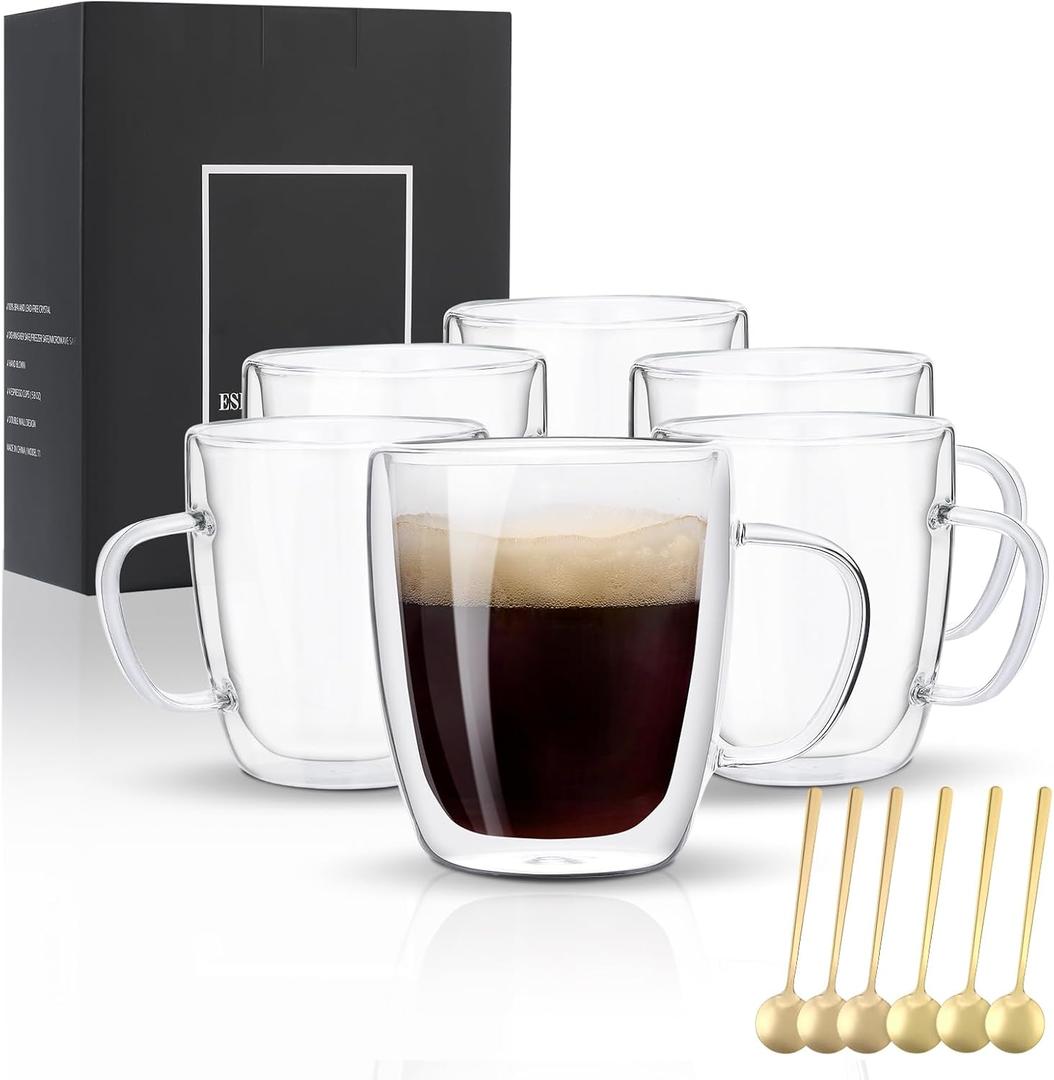 Glass Coffee Mugs Set Of 6, 13.5 OZ Insulated Double Wall Coffee Cups, Perfect for Cappuccino, Latte, Americano, Tea Bag, Beverage,Glass Coffee Cups With Handles