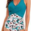 American Trends Swimsuit Women One Piece Tummy Control Bathing Suit for Women Modest V Neck Swimwear (12-14, 03 Blue Pink Print)