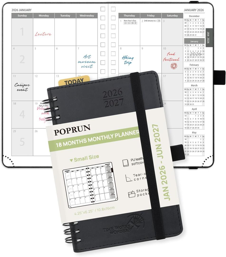 POPRUN Monthly Planner 2026-2027 (Pocket 4.25" x 6.25") 18 Months Calendar (Jan 2026 - Jun 2027) - 4 Pages per Month with Expense & Notes, Leather Cover, Sunday Starts - Black