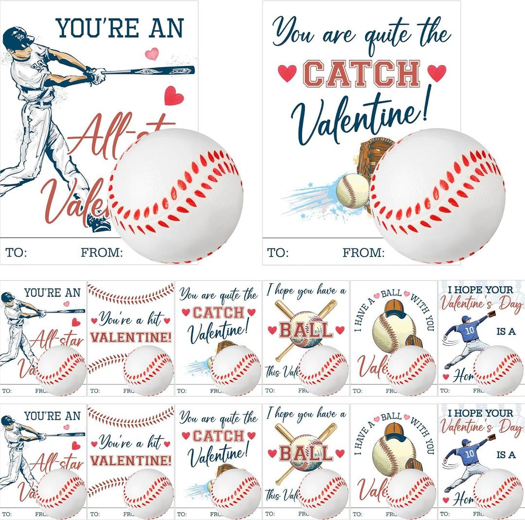 Syhood 36 Set Valentine's Day Baseball Card and Foam Stress Balls for Kids Valentine's Day School Classroom Exchange Gift Sports Themed Events Party Prizes Favor Supplies