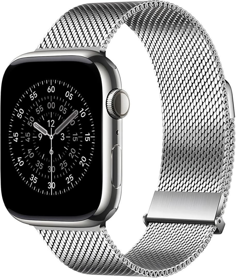 Bestsure Milanese Loop Watch Band Compatible with Apple Watch 42/44/45/46/49mm, Metal Stainless Steel Mesh, Dual Magnetic Clasp, for Series 9/8/7/6/5/4/SE/3/2/1, Ultra, Men & Women, Silver