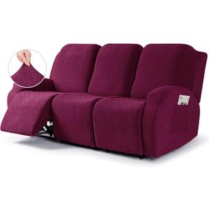 VANSOFY Recliner Cover, 3-Pieces Stretch Reclining Couch Covers with Pockets Reclining Sofa Slipcovers 3 Seater Soft Washable Furniture Protector for Dogs Cats(Burgundy)