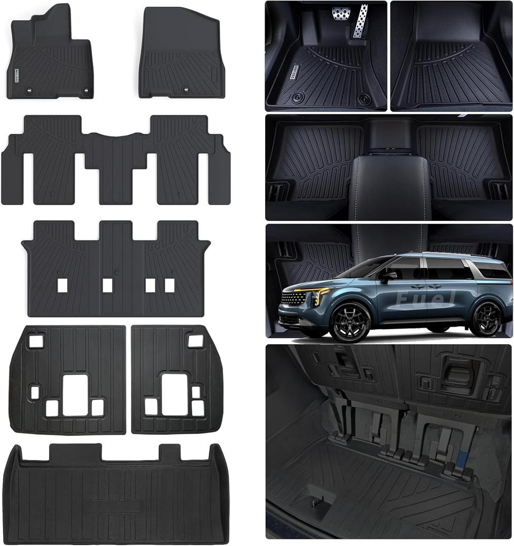 Floor Mats for 2022-2024 2025 KIA Carnival 8 Seats (Non Hybrid) with Trunk Mat & Backrest Mat TPE All Weather Protection Car Floor Liners with Cargo Liners Covering The Backrest